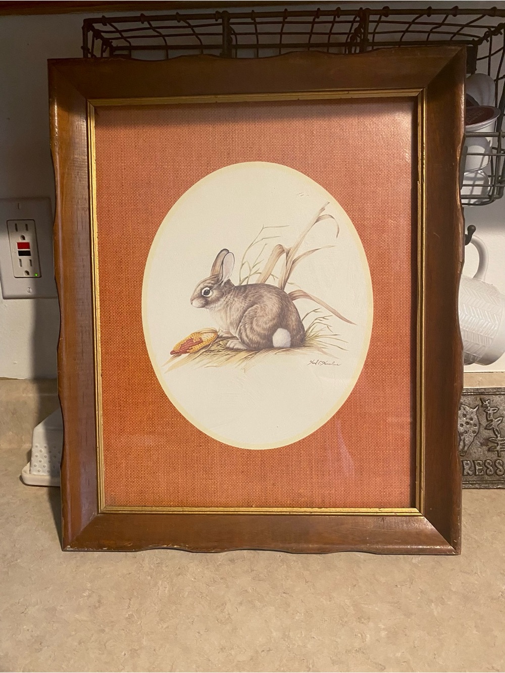 Vintage Karl E Karalus Wood Framed Rabbit Art Print Cottagecore Rustic Decor